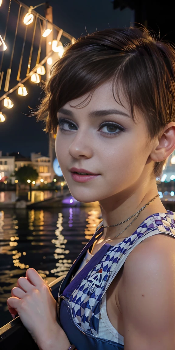 Photo of a -yeld Euean girl, .RAW, beautiful woman,pecas en mejillas ,hermosos  ojos azules(Light brown hair pixie haircut),corte de cabello pixie ((retrato)), ((Cara detallada:1.2)), ((Detailed facial features)), (Piel finamente detallada), Pale skin,parque, Noria de Londres、Purple sleeveless t-shirt with skull image ,senos grandes , Lilac skirt with checkered images, Loose white belt, Long boots with heels ,lindo maquillaje, Purple eyeshadows on eyelids ,Un sexy(cool color), humid, humid, Reflectores, (Masutepiece) (proporciones perfectas)(fotos realistas)(La mejor calidad) (Detallado) fotografiado con una EOS R5 de Canon, Lente de 50 mm, f/2.8, NffSW, (8k) (papel tapiz) (cinematic lighting) (Dramatic lighting) (sharp focus) (Enrevesado) linda sonrisa , alegre , tocando guitarra electrica , senos medianos 