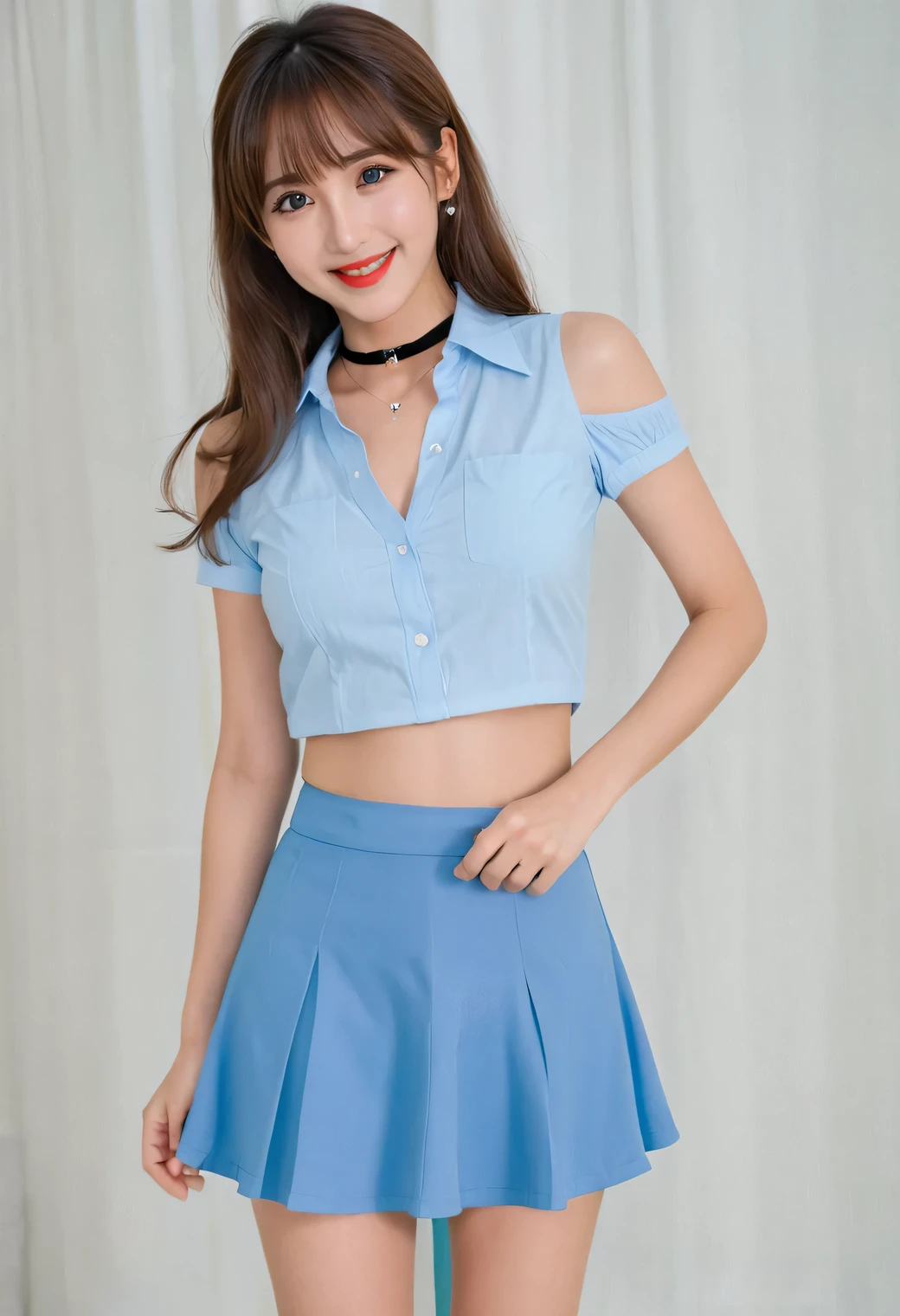 score_8, score_9, Highest quality, masterpiece, Long Hair, Brown Hair, sexy, beauty secretary, girl, ((Light blue open-neck shirt、Flared mini skirt)), Cowboy Shot, Adorable, smile, ((Slim face, Slim body, Sloping shoulders)),Perfect hands,Black choker、Blue color contact lenses、bangs、very long eyelashes, bushy eyelashes, ((Big Breasts)), Dependents, Big Breasts, Red lipstick、office, Anatomically correct、President's office、Happy expression, ((slouch, Breast flash, Peeking out from the chest))