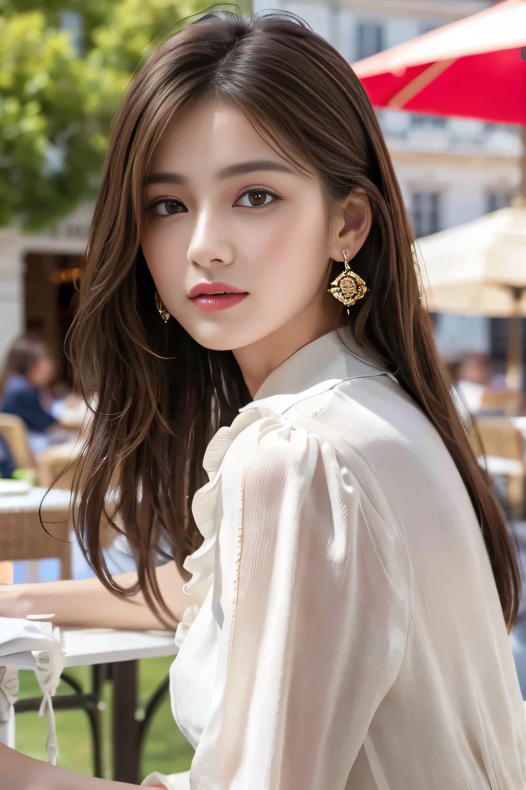 masterpiece, Highest quality, Realistic, Very detailed, Finer details, High resolution, 8k wallpaper, One beautiful woman,Wear a nice blouse, On the terrace of a lovely cafe, at noon, Light brown messy hair, Perfect dynamic composition, Beautiful and beautiful eyes、Big earrings、