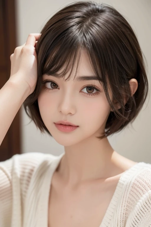 Beautiful girl with short hair with straight front bangs covering her forehead to her eyebrows, hair styles Yor Forger