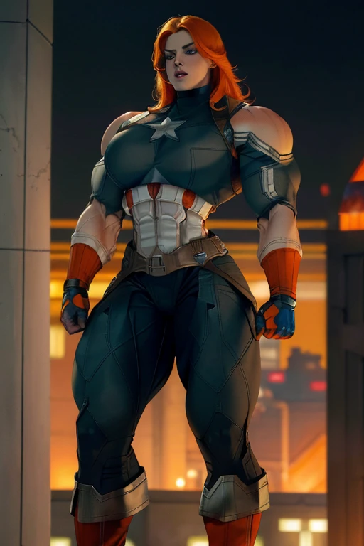 (((Close-up))), tall, (orange hair) beautiful muscular woman, long shaggy hair, pale white skinned, (closed smile), large breast, (black lipstick), (massive muscles), (hyper muscle), ((ginormous bulky muscles)), green eyes, (((orange captain America suit))), (Captain America pants), choker, boots, on the rooftop at night,