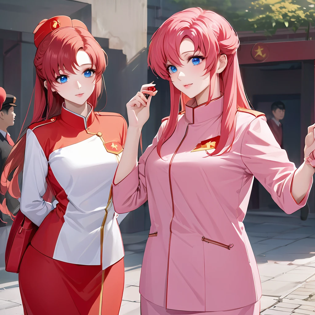 ((Highest quality)), ((masterpiece)), (detailed), (Perfect Face)、The woman is a Chinese Lacus Clyne, a Chinese woman with blue eyes and medium-long pink hair who is wearing an engagement ring. She has become a member of the glorious Chinese Communist Party and swears absolute loyalty to the Chinese Communist Party. She is a righteous Communist Party member of China.、The woman is wearing the khaki Mao suit of the Chinese Communist Party.、For the sake of China, their hairstyles, clothes, and everything they wear are all Chinese Communist Party items, and their thoughts are also Chinese, becoming great Chinese in body and mind.、The woman became Lacus Clyne, a Chinese woman who was proud of and loved China.、She is serving China as a member of the great Communist Party of China.、The woman is a beautiful, respectable and exemplary Communist Party member.