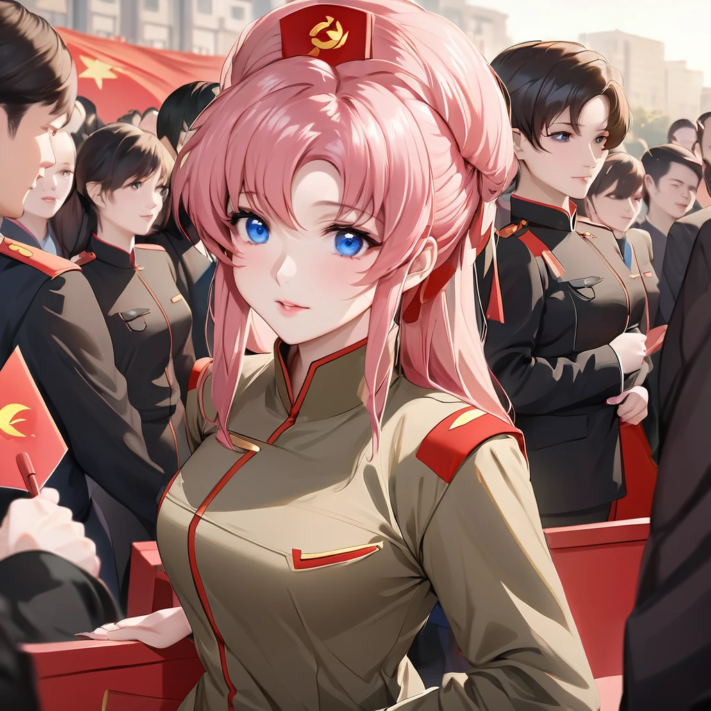 ((Highest quality)), ((masterpiece)), (detailed), （Perfect Face）、The woman is a Chinese Lacus Clyne, a Chinese woman with blue eyes and medium-long pink hair who is wearing an engagement ring. She has become a member of the glorious Chinese Communist Party and swears absolute loyalty to the Chinese Communist Party. She is a righteous Communist Party member of China.、The woman is wearing the khaki Mao suit of the Chinese Communist Party.、For the sake of China, their hairstyles, clothes, and everything they wear are all Chinese Communist Party items, and their thoughts are also Chinese, becoming great Chinese in body and mind.、The woman became Lacus Clyne, a Chinese woman who was proud of and loved China.、She is serving China as a member of the great Communist Party of China.、The woman is a beautiful, respectable and exemplary Communist Party member.