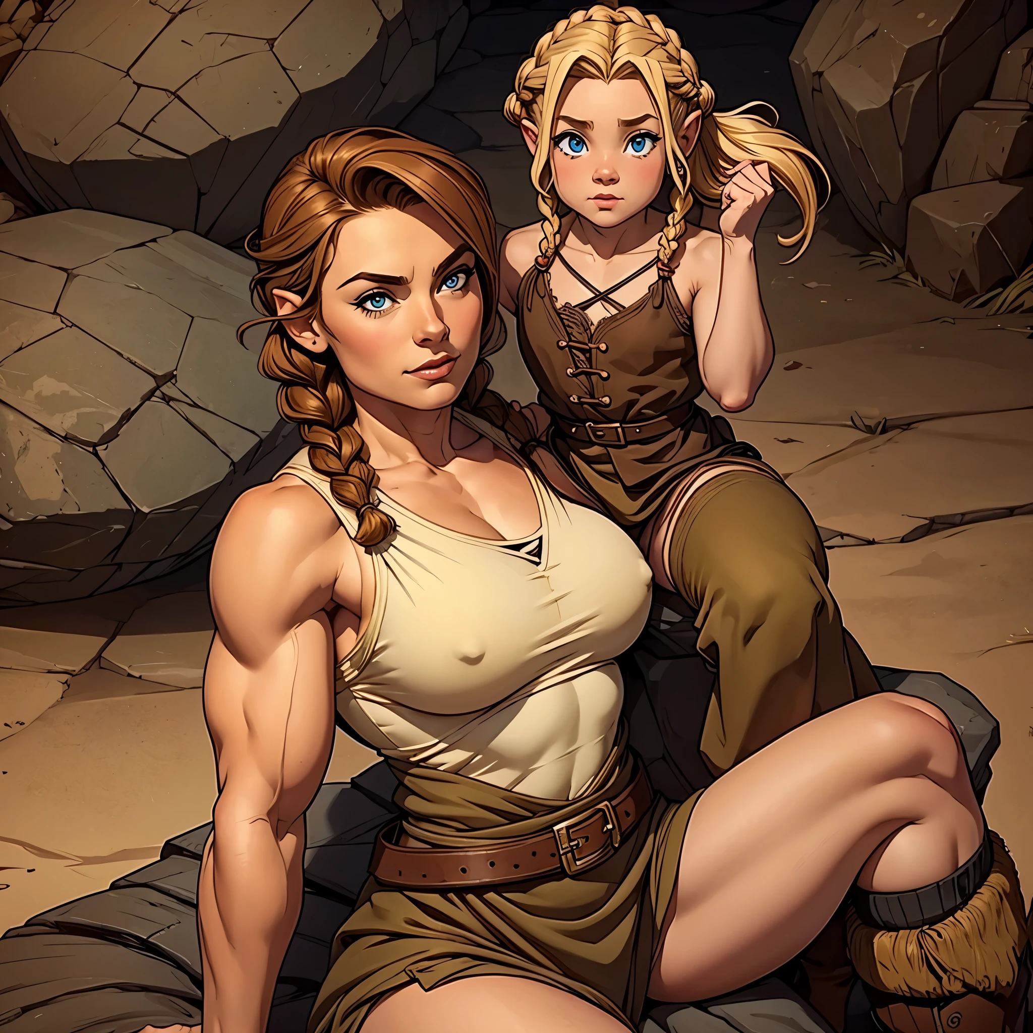 Small halfling with short brown hair sitting on the shoulders of a muscular woman with blonde braided hair.