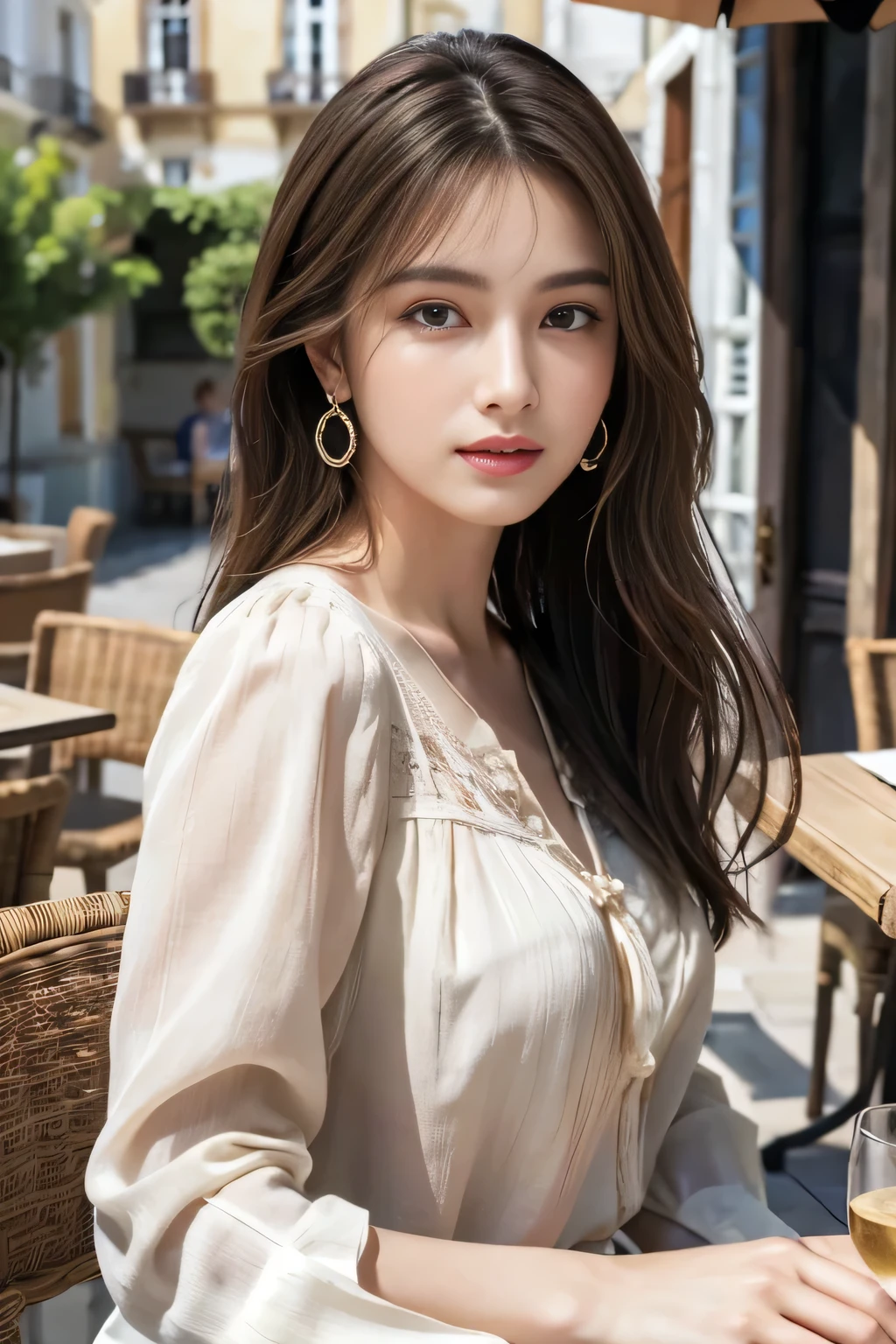 masterpiece, Highest quality, Realistic, Very detailed, Finer details, High resolution, 8k wallpaper, One beautiful woman,Wear a nice blouse, On the terrace of a lovely cafe, at noon, Light brown messy hair, Perfect dynamic composition, Beautiful and beautiful eyes、Big earrings、
