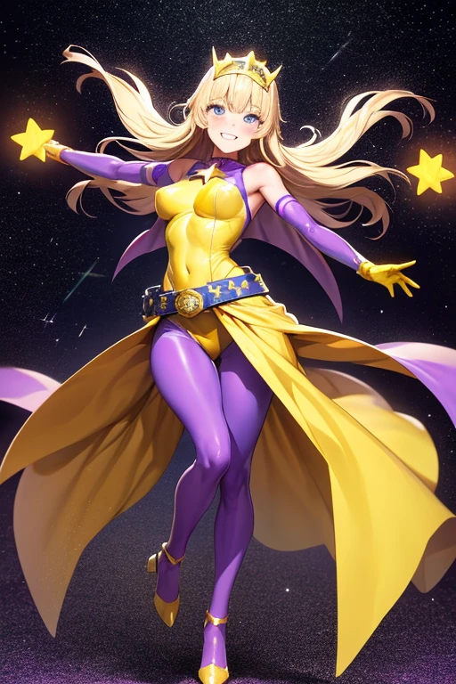 ((best quality)), ((masterpiece)), (detailed), 1 girl, Full body, 19 years old, Smiling face, Blue eyes, Star-shaped tiara, Arms outstretched, Arms behind waist, Blue superhero mask, Blushing, Blonde hair, Straight hair, Long hair, Bangs, Star hair ornaments, Full body, Medium breasts, Slim body, Hands with yellow stars, Yellow wristbands, Long yellow gloves, Purple gloves, Purple gloves, Superhero costume, Superheroes, Yellow leotard suit, With a big yellow star in the center, Star emblem, Somewhat tight, Long yellow cape on waist, Red belt, Purple legs, Purple pantyhose, Flying, City background, Anime