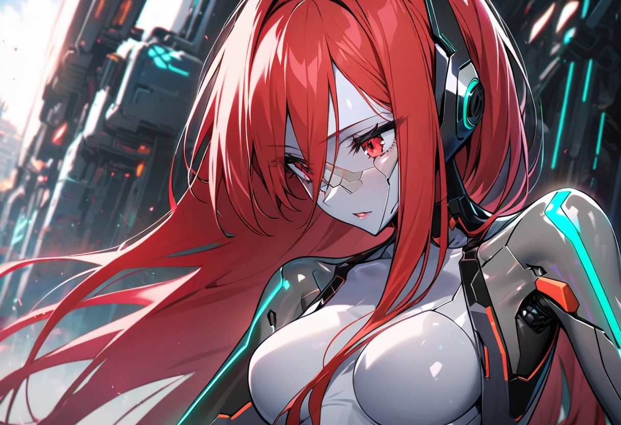 science fiction, android girl(metallic skin, cyber joint, coating red hair)