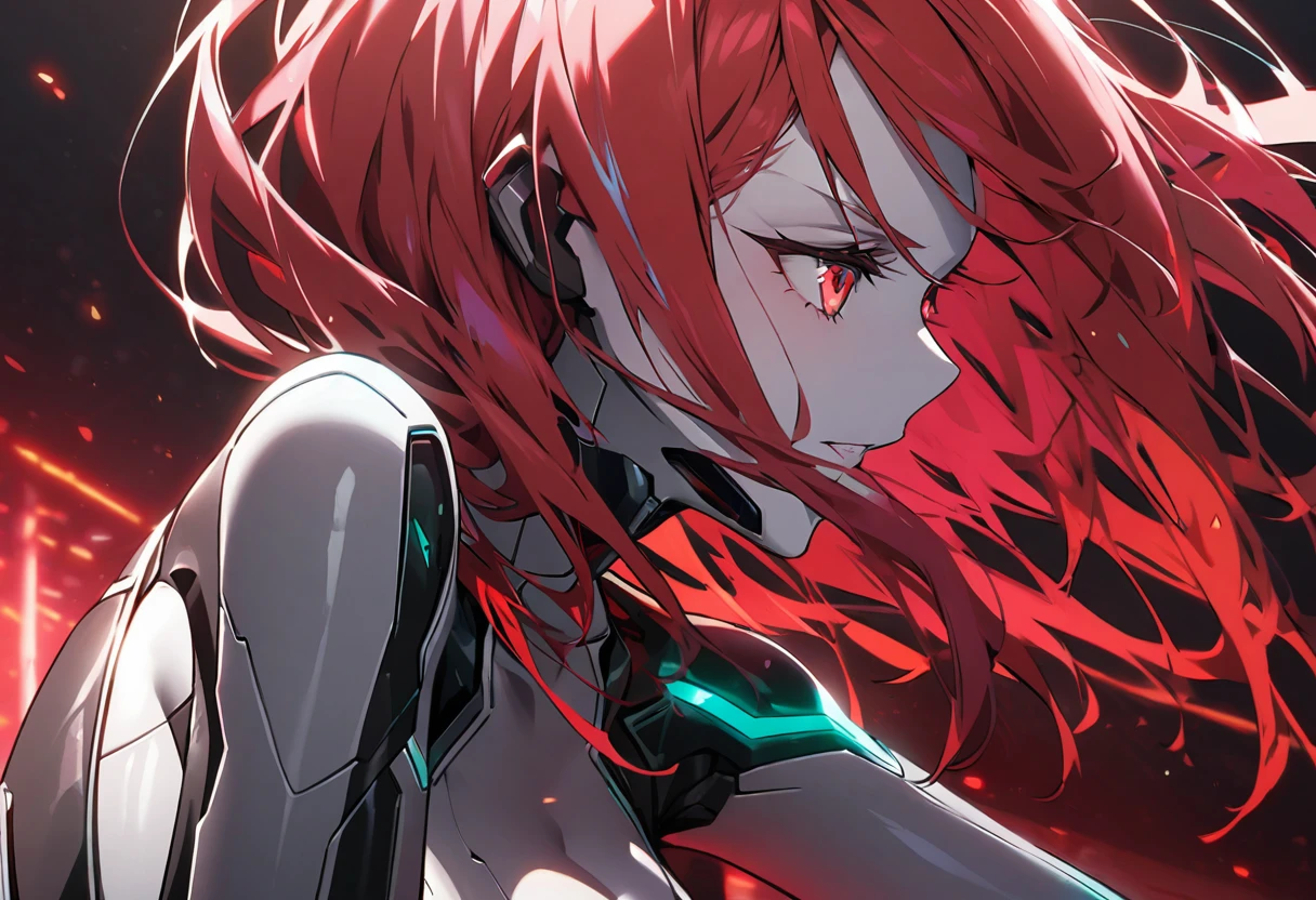 science fiction, android girl(metallic skin, cyber joint, coating red hair, red flash eyes)