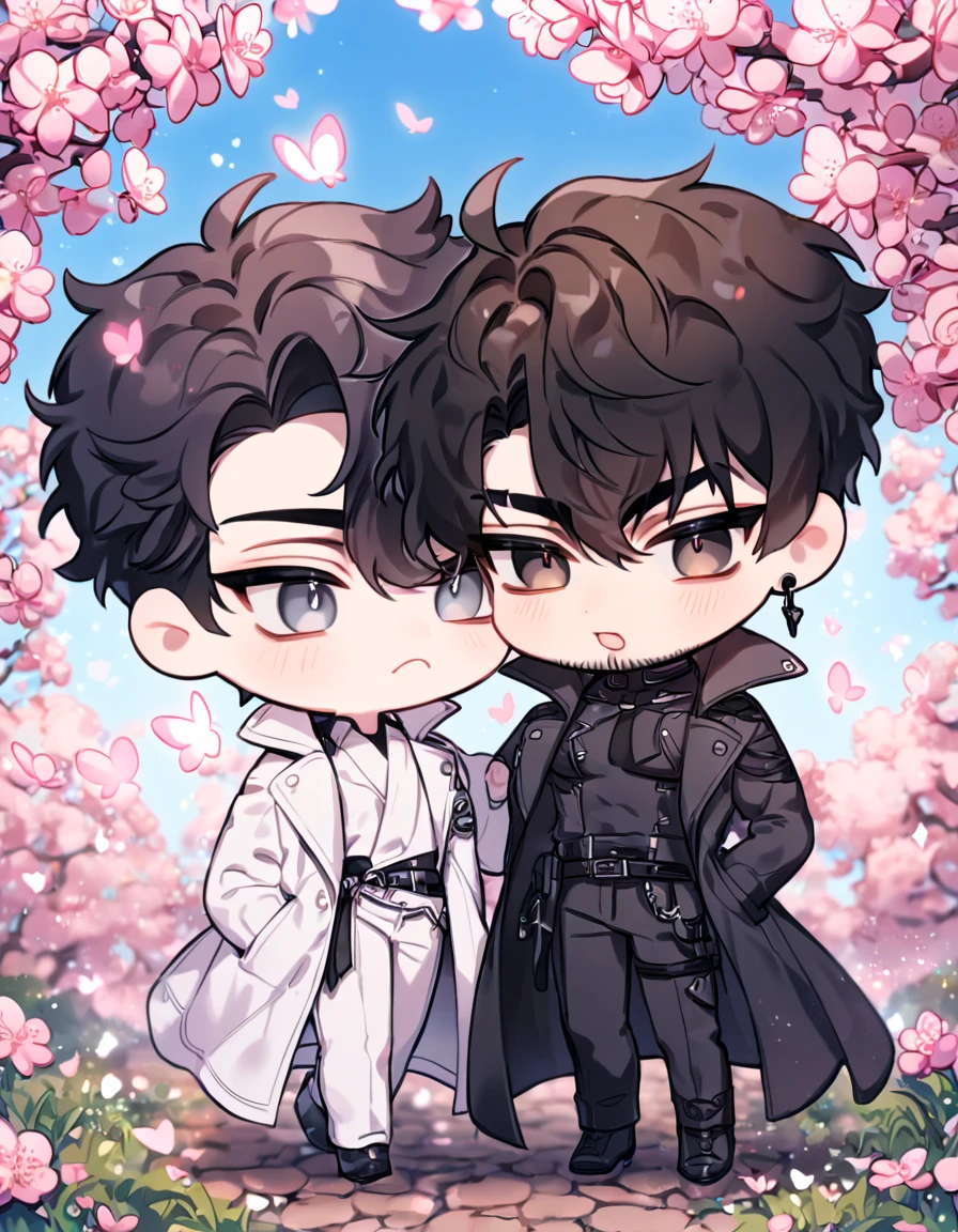 absurdres, highres, ultra detailed, HDR, master piece, best quality, extremely detailed face, delicated features, Kim Dokja & Yoo Joonghyuk chibi, black hair, expressive gray eyes, Omniscient Reader's Viewpoint, black hair, expressive brown eyes, two chibi boys together, yaoi, gay couple, cute, black coat, white coat, fantasy, magical, pink butterflies, spring, pink leaves, pink flowers, blossoms, blue sky, joongdok