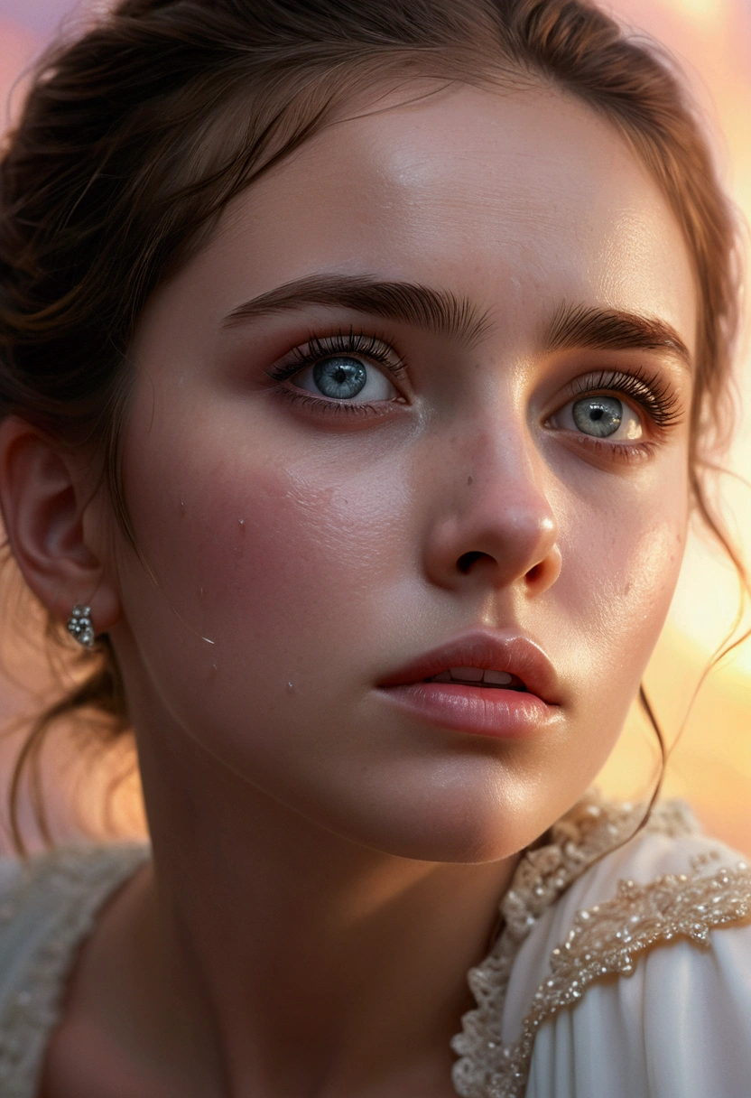 a girl looking up at the sky with tears in her eyes, beautiful detailed eyes, beautiful detailed lips, extremely detailed eyes and face, longeyelashes, sad expression, wearing a white dress, ethereal lighting, warm glow, soft pastel colors, dramatic lighting, (best quality,4k,8k,highres,masterpiece:1.2),ultra-detailed,(realistic,photorealistic,photo-realistic:1.37),digital painting, emotional portrait, inspirational, hopeful, faith, new beginnings