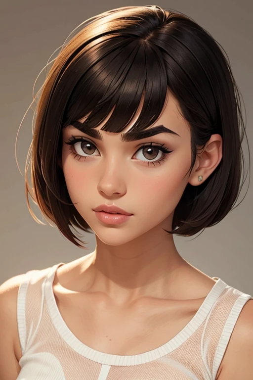 Beautiful girl with short hair with straight front bangs covering her forehead to her eyebrows, hair styles Yor Forger