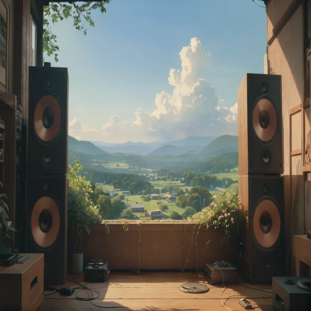 there are two speakers on a wooden floor in front of a window, expansive cinematic vision, 4K cinematic panoramic view, com vista para um vale, Crewdson, balcony scene, detailed panoramic view, inspirado em Gregory Crewdson, 8 mil landscape render, 8 mil. filling of the view, panoramic view, 8k matte painting, 8 mil matte painting