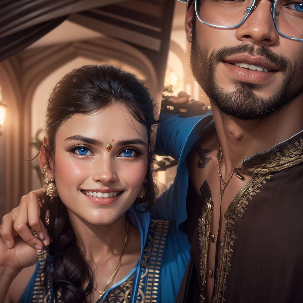 Boy and girl with blue outfit with Indian mandir