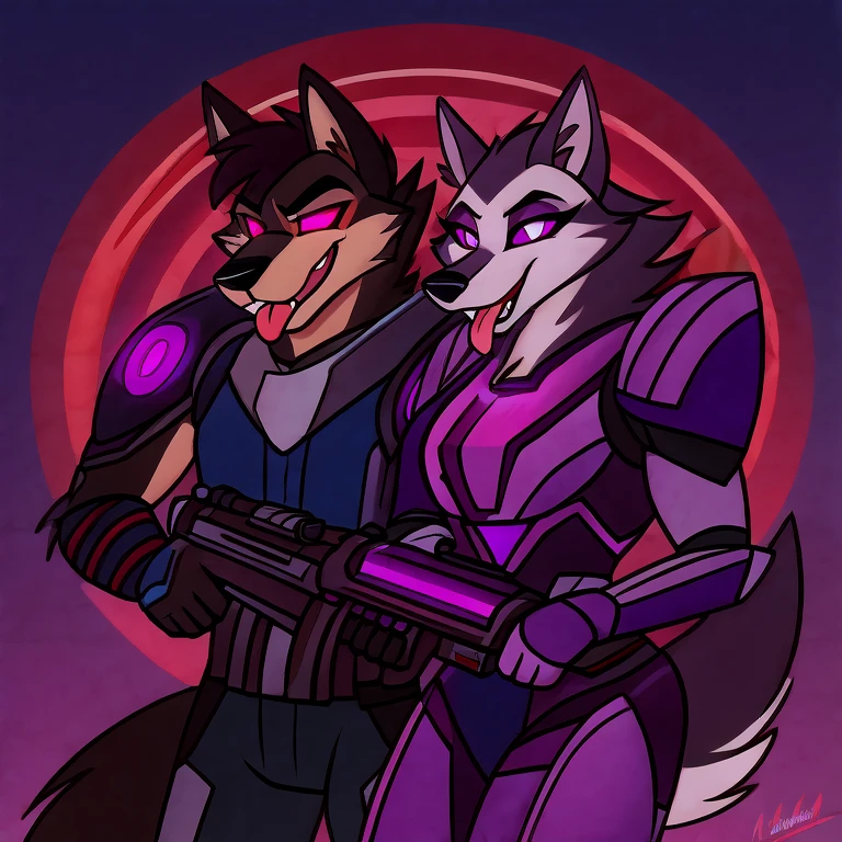 (masterpiece, best quality:1.2), Vortex hellhound, a couple, one male and the other female, wolves, furry, helluva boss, hypnotized with glowing purple eyes, tongue out, wearing futuristic armor, using a Pulse Rifle, Energy Rifle, Futuristic assault rifle, pointing their guns