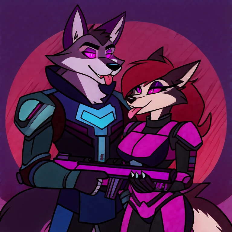 (masterpiece, best quality:1.2), Vortex hellhound, a couple, one male and the other female, wolves, furry, helluva boss, hypnotized with glowing purple eyes, tongue out, wearing futuristic armor, using a Pulse Rifle, Energy Rifle, Futuristic assault rifle, kneeling facing forward as a sign of respect
