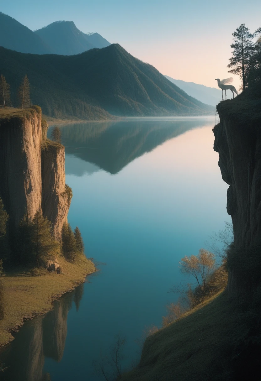 Photographs that capture the essence of a magical dream world. An epic cliff,Hanging over a beautiful lake, Surreal and vivid colors illuminate its reflection. The atmosphere is otherworldly, The soft night light casts a flowing shadow. The image creates a sense of depth and mystery, It's as if the audience is taken into another dimension., Create beautiful and memorable work. Shot with Canon EosIII Zeiss 120mm wide angle lens