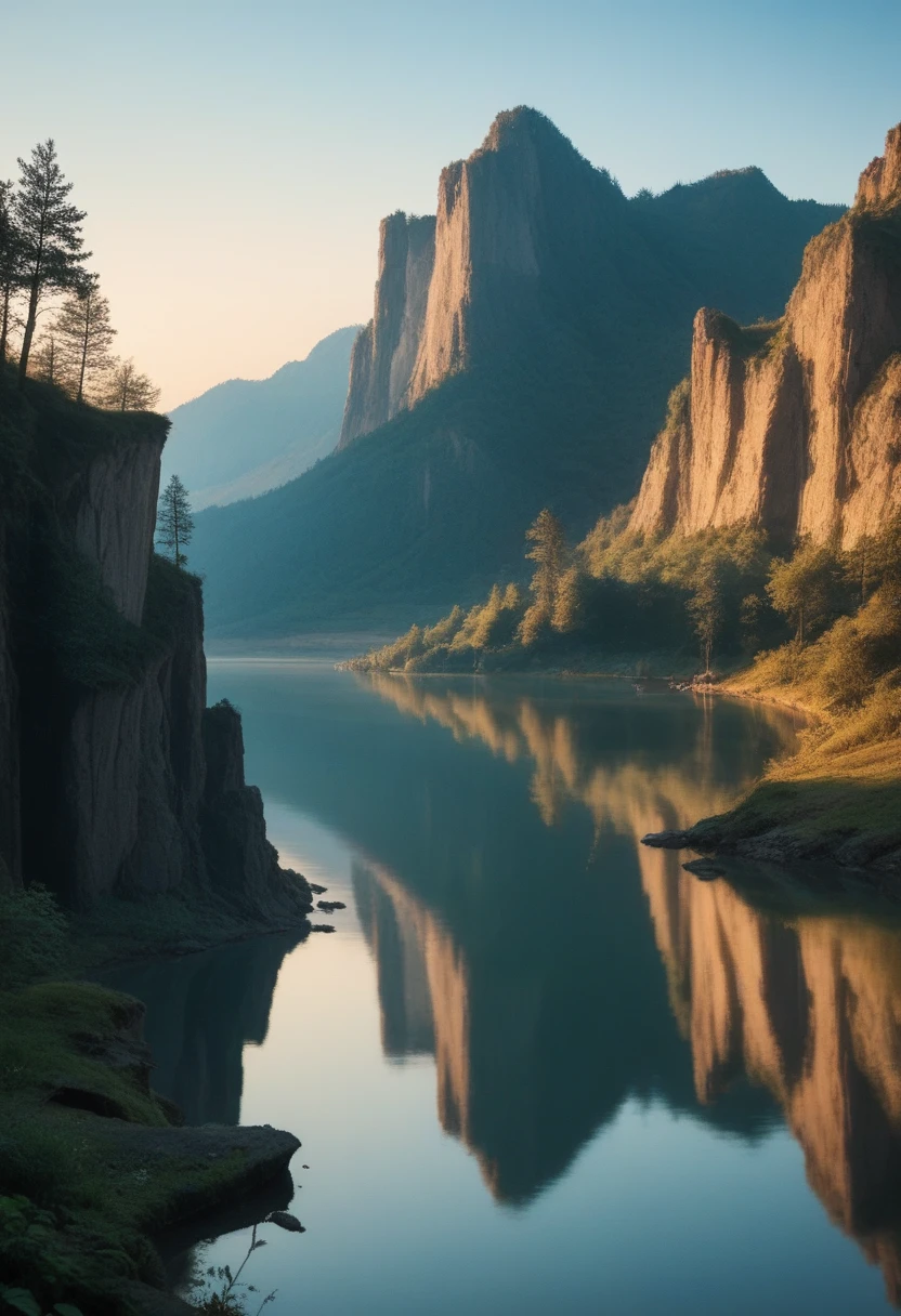 Photographs that capture the essence of a magical dream world. An epic cliff，Hanging over a beautiful lake, Surreal and vivid colors illuminate its reflection. The atmosphere is otherworldly, The soft night light casts a flowing shadow. The image creates a sense of depth and mystery, It&#39;s as if the audience is taken into another dimension., Create beautiful and memorable work. Shot with Canon EosIII Zeiss 120mm wide angle lens