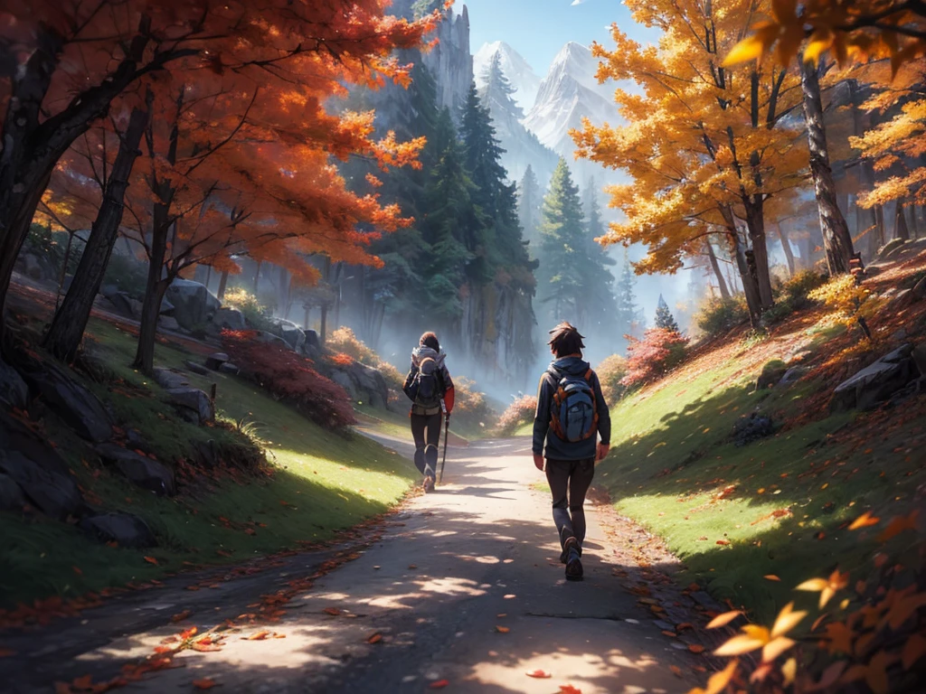 Fallen leaves on the mountain path, Artie Guerin 8K, Inspired by Sylvain Sarrailh, Shinkai Makoto Cyril Rolando, Concept Art Wallpaper 4K, Digital Concept Art, Cyril Rolando and Goro Fujita, Inspired by Artie Guerin