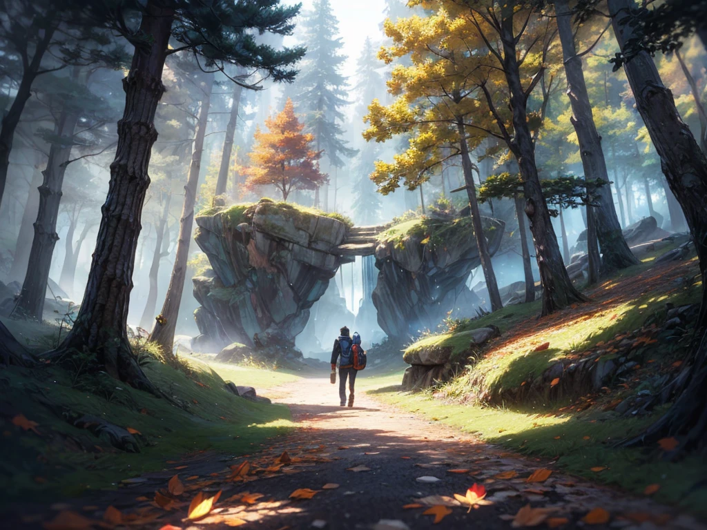 Fallen leaves on the mountain path, Artie Guerin 8K, Inspired by Sylvain Sarrailh, Shinkai Makoto Cyril Rolando, Concept Art Wallpaper 4K, Digital Concept Art, Cyril Rolando and Goro Fujita, Inspired by Artie Guerin