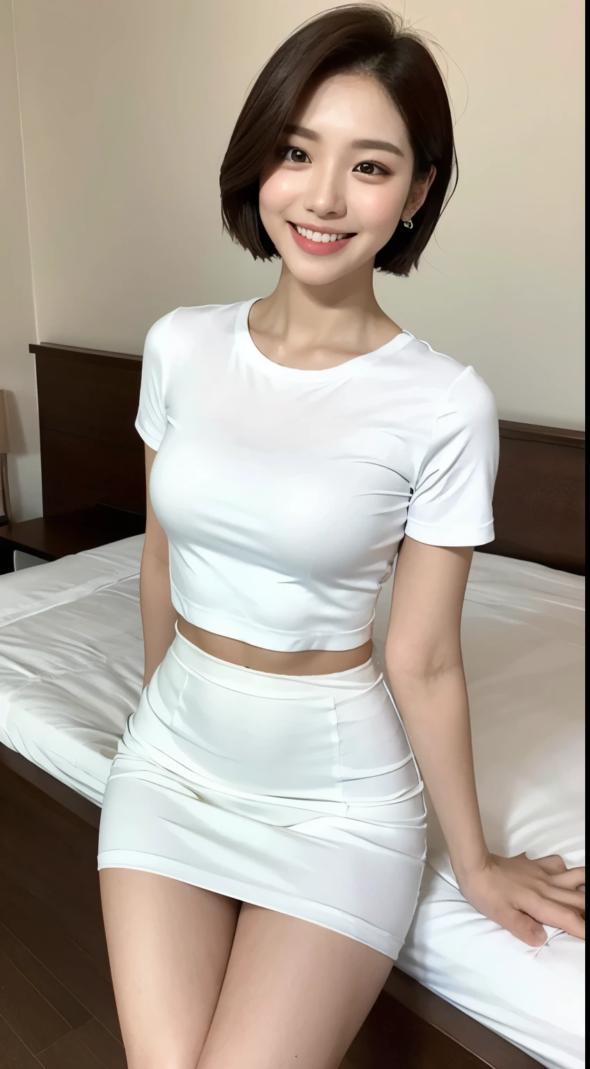 White tight shirt、White tight mini skirt、bed、smile、Short sleeve、high resolution、Korean idol face、double eyelid、White teeth、short hair、Kuroku