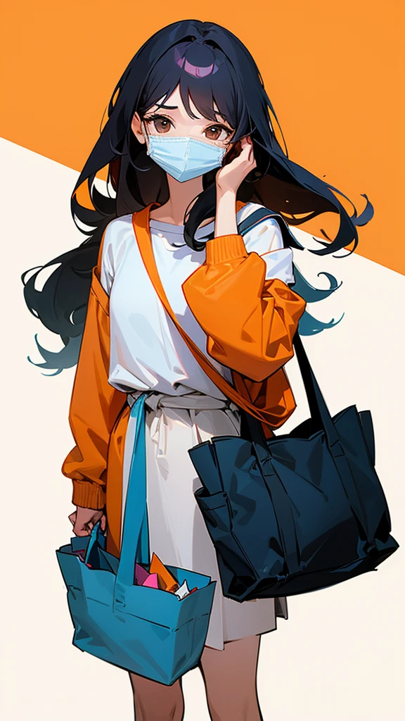 A girl standing with her phone over her face, long beautiful hair, a tote bag hanging down her left shoulder, dressed school casual, plain orange background