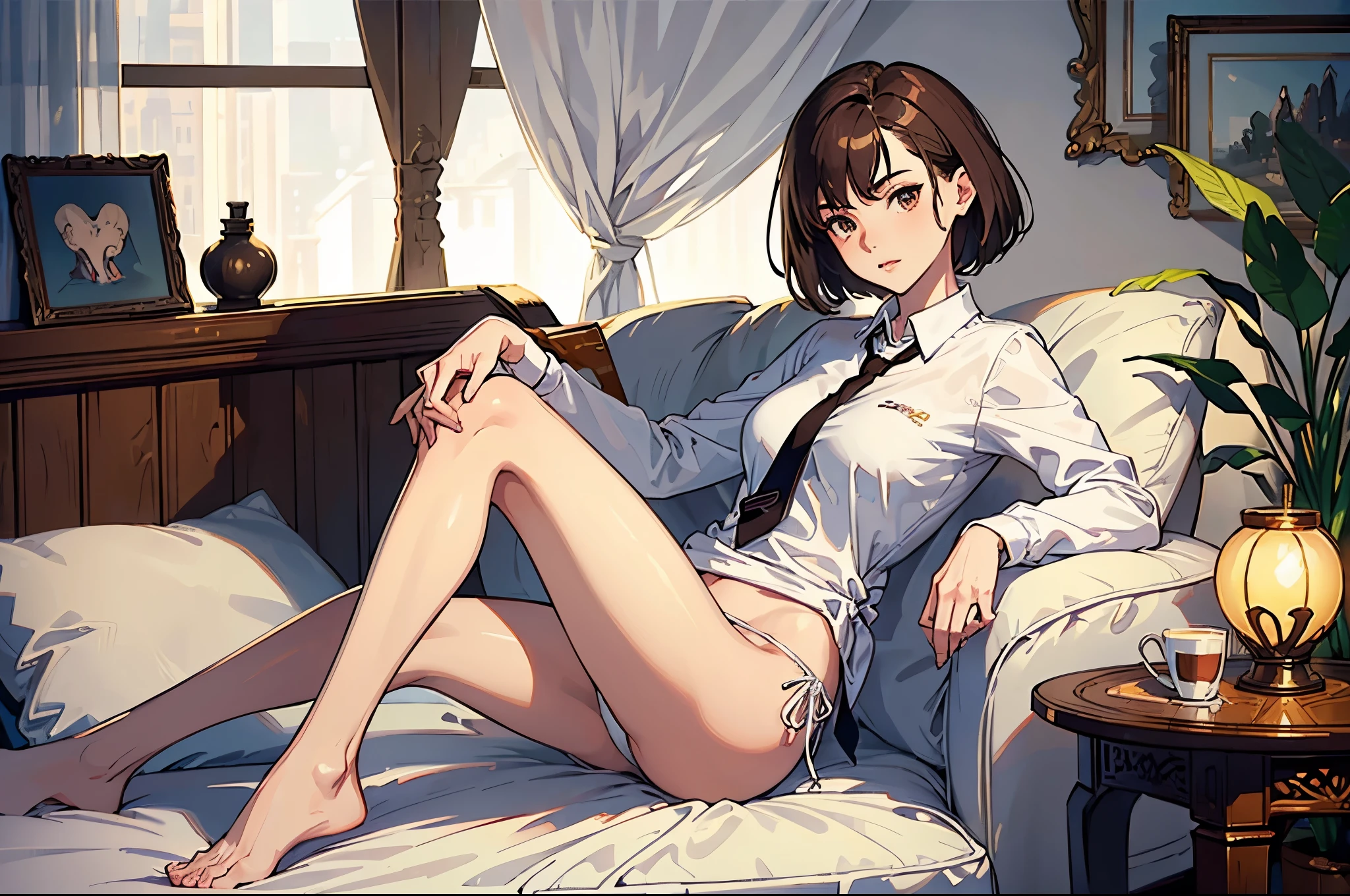 masterpiece,(Perfect Anatomy:1.5), highest quality, a lady , slender, leggy, Seductive, short hair, brown hair, (wear a white long sleeved shirt, tie:1.5), white bikini panties , Perfect hands, Perfect body, reclining, lying on a sofa, leg up , shirt lift, (barefoot), looking away, ((Exquisite detail)), Very finely crafted fingers(((10 fingers))), (((two legs))), (full body showcase), (Show your whole body), (no background), (No logo) , high resolution, parted lips, pov