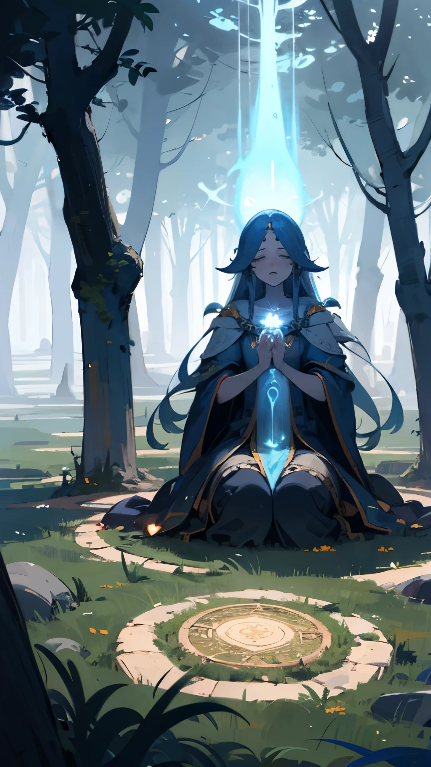 "Mysterious druid communing with nature spirits. Surrounded by swirling magical energies and ethereal creatures. In a sacred grove with ancient stone circles."