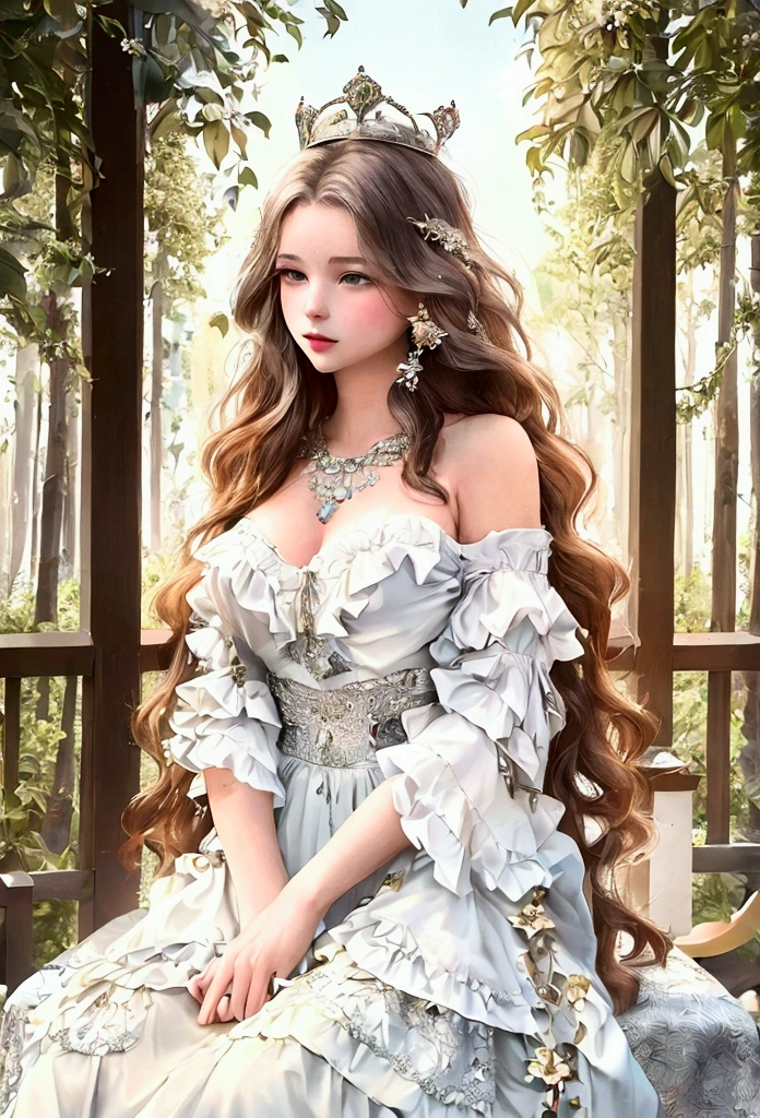 1girl, beautiful fantasy queen_delicate facial features, white dress, crown on head, lovely princess, gouache style art, 5d cg fantasy artwork, 8k high quality detailed art, intricate details, surreal, dreamy, soft lighting, warm color palette, elegant, majestic, realistic 8k photo, highly detailed, award winning, masterpiece, (highest quality, 4k, 8k, high resolution, masterpiece: 1.2, highly detailed: 1.37), outdoor background_sunny day, vivid nature, raw,