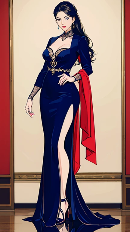 ((best quality,4k,highres,masterpiece:1.2)),((character concept art)), 1 female, Lucienne Chevalier, famed opera singer, confidant in matters of art and culture to the Marquis. Her captivating beauty is as enchanting as her voice. She subtly influences cultural circles and holds sway in decisions affecting the patronage of the arts, making her a potential asset or liability. ((intricate detail)), super finely detailed hands, ultra finely detailed fingers(((ten fingers))), wearing a Christian Dior Haute Couture Evening Gown in red with a deep v low cut design and a side slit. She is wearing a cinched Christian Dior Bar Jacket over her gown, creating an hourglass silhouette. Her outfit is accompanied by Christian Dior J'adior Slingback Pumps. She carries a Christian Dior Lady Dior Handbag, and a Christian Dior Mitzah Scarf tied gracefully around her neck. Her look is completed with Christian Dior Tribales Earrings. Her gaze is confident and alluring, reflecting her esteemed position and captivating personality, (standing gracefully), (full body showcase), (show full body), (no logos on background), (no logo), ((plain background)), ((plain background)), (((empty background))).