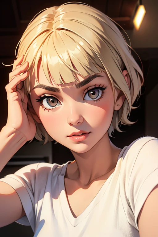 Beautiful girl with short hair with straight front bangs covering her forehead to her eyebrows, hair styles Yor Forger