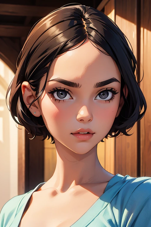 Beautiful girl with short hair with straight front bangs covering her forehead to her eyebrows, hair styles Yor Forger