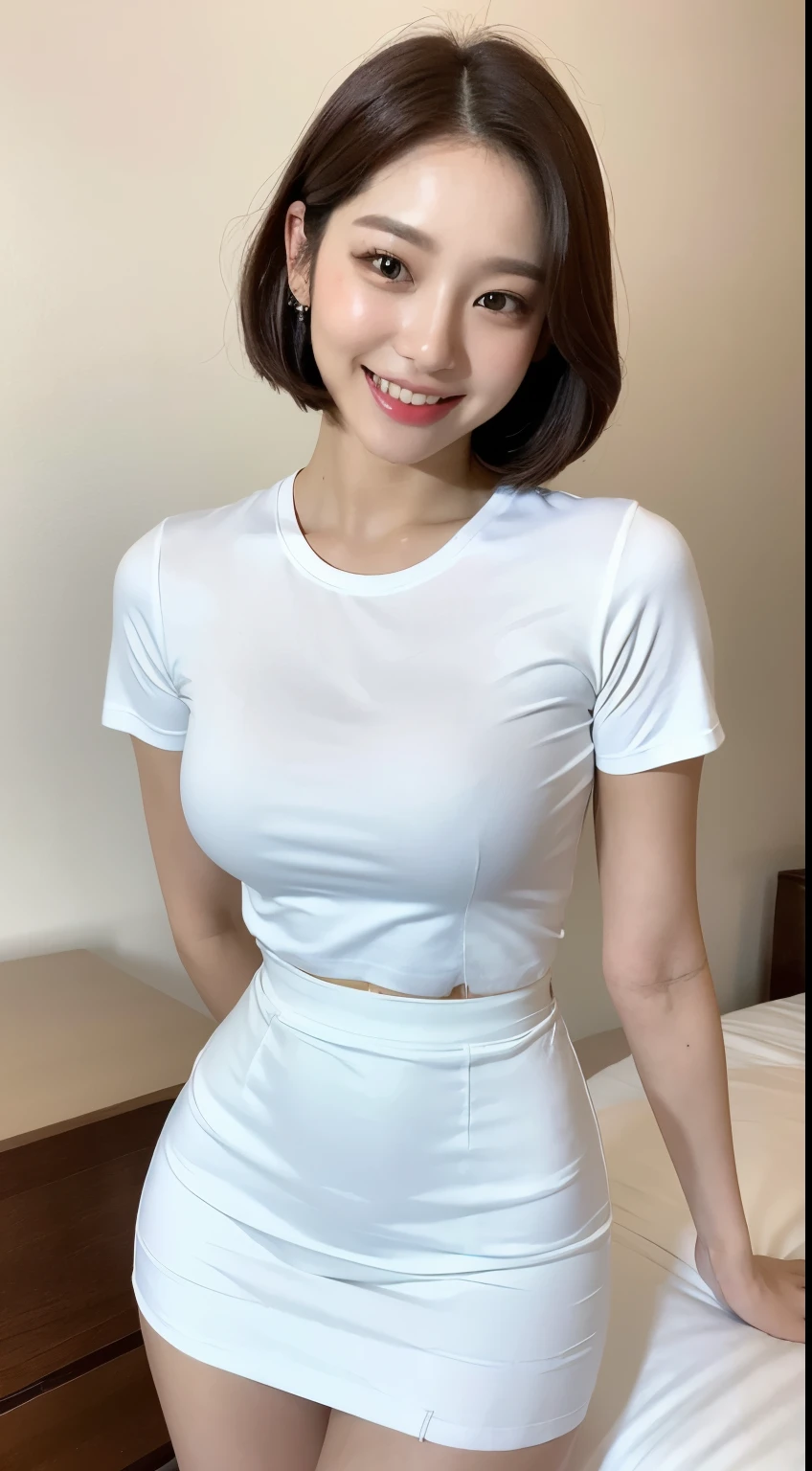 White tight shirt、White tight mini skirt、bed、smile、Short sleeve、high resolution、Korean idol face、double eyelid、White teeth、short hair、Kuroku