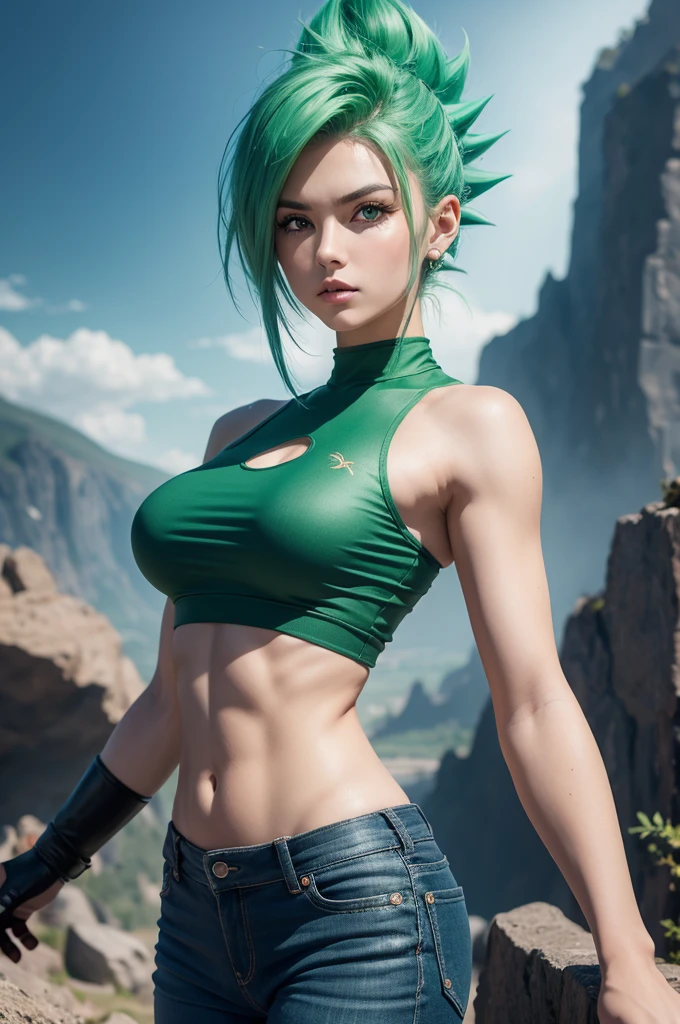 Create a woman with spiky green hair and green eyes and she is muscular and has a green aura around her full of blue rays and a red short shirt and red pants and yellow boots and a fighting pose brown rocky scenery the green sky with black clouds (Dragon Ball Anime Style/Dramatic and full of power)