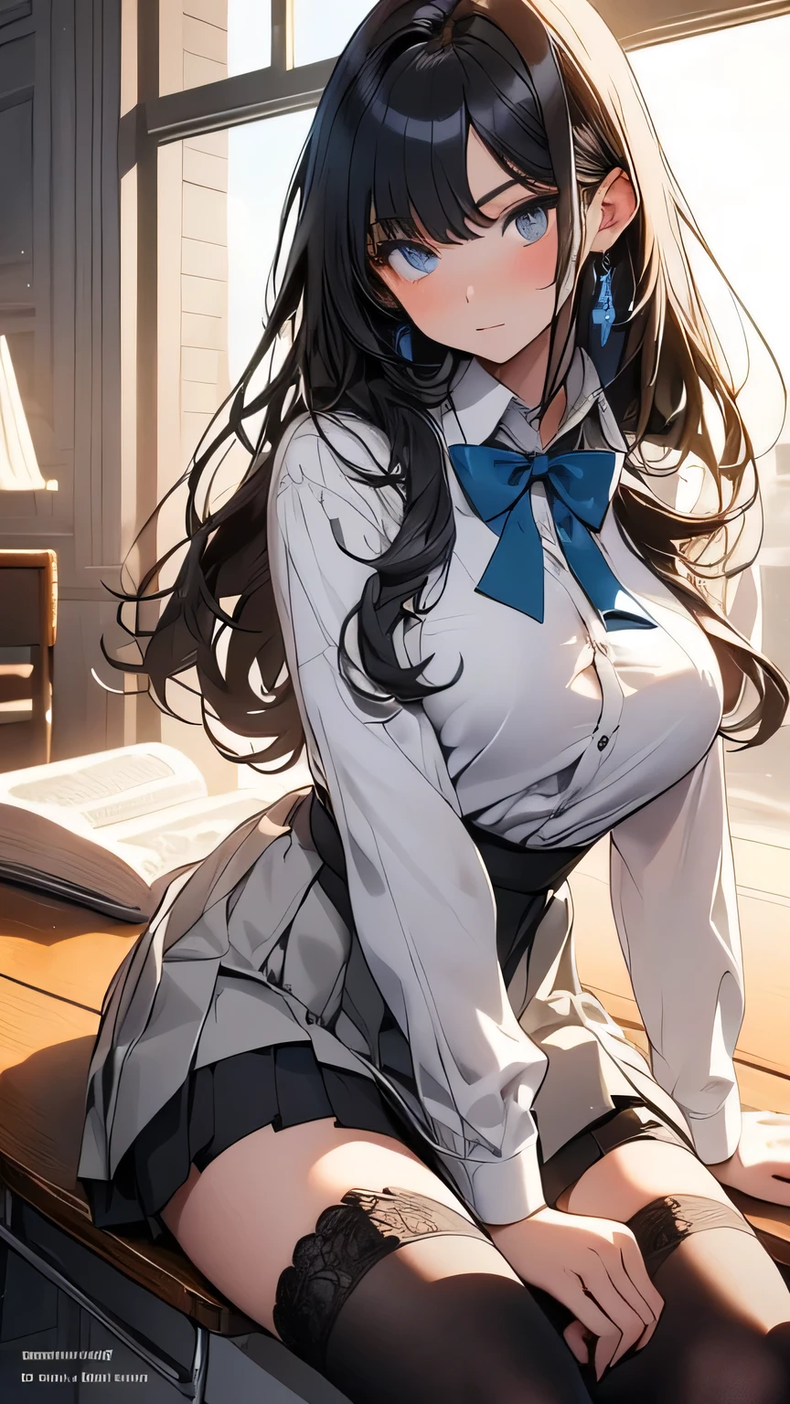 (masterpiece, Highest quality), (Realistic, photoRealistic:1.3), Browsing Caution, View your viewers, 1 girl, high school girl, Perfect Face, Glowing Skin, (Long Hair）,Black Hair, Blue eyes, Long eyelashes, Beautiful Hair, Beautiful Face, Beautiful attention to detail, Beautiful body, Beautiful breasts, Beautiful thighs, Beautiful feet, (White collared shirt, Pleated mini skirt), A bow tie, Tilt your head, (Tense face）,stockings,sitting at a desk reading a book