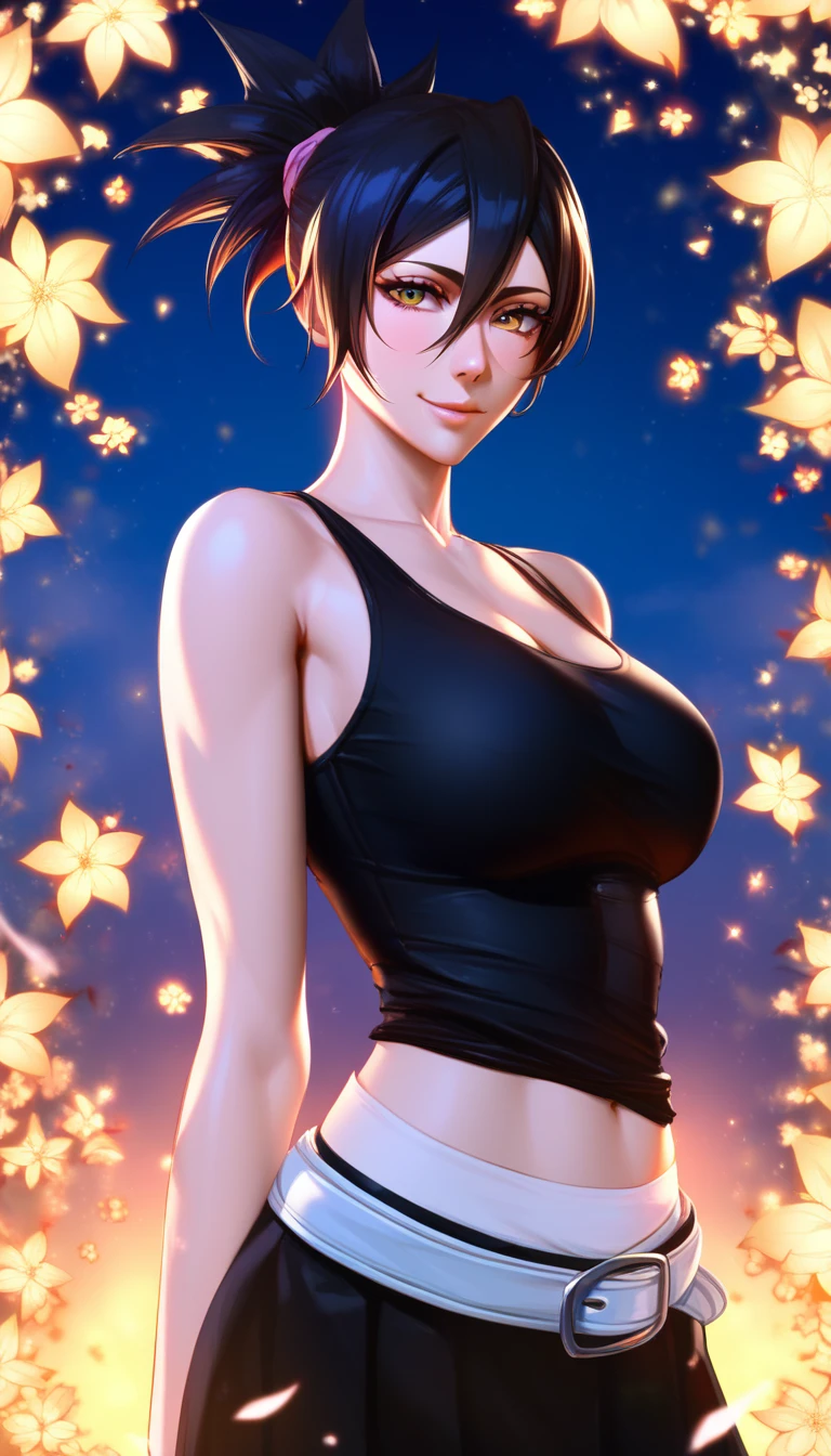 marci, ponytail, 1girl, gorgeous, black tank top, black leggings, belt, 4k, hd, standing, sexy pose, soft smile, night, looking at the viewer, repaired eyes, correct anatomy, natural colors, anime, half body, draw style from bleach