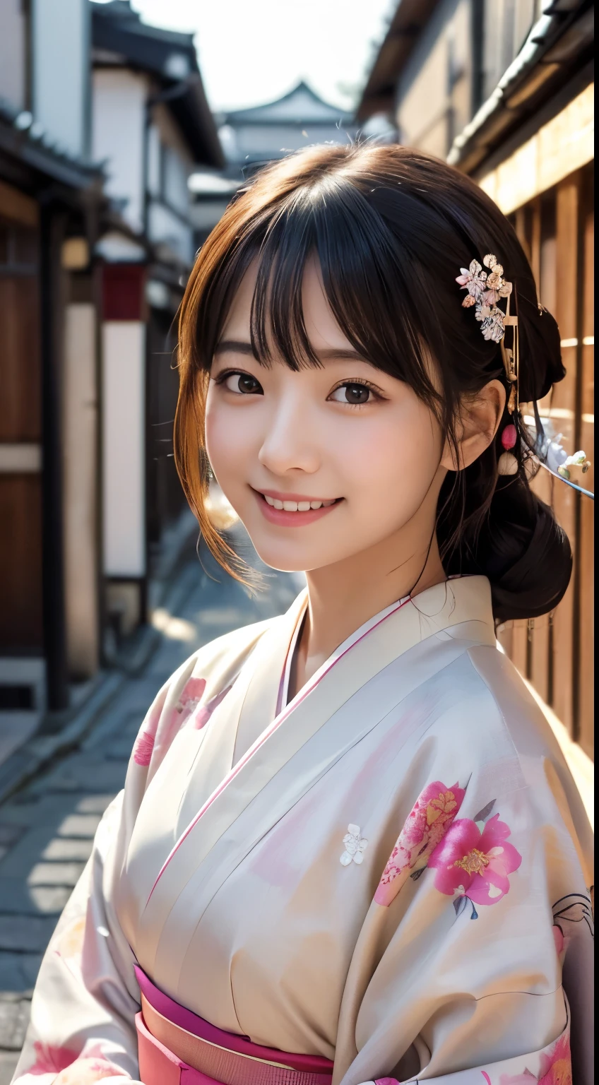 Professional Lighting,(Realistic:1.4), (Top image quality:1.0), (超High resolution:1.0), 8k, Raw photography, (masterpiece:0.2), (Dealing with the Children_v1:0.5)、(最高quality Detail:1.2)、Realistic、8kウルトラHD、High resolution、(1 girl:1.2)、超detailedな、High quality textures、複雑なdetailed、detailed、Very detailed CG、High quality shadows、detailed 美しく繊細な顔、Beautiful details and a delicate eye、(Symmetrical eyes:1.2),Written boundary depth、Ray Tracing,1 girl, Japanese Girls, (Natural smile:1.4),cute, thin, Portrait of a beautiful Japanese woman in a kimono, Standing elegantly on a street corner in Kyoto. Kimono with vibrant traditional patterns, Hair decorated with elegant and delicate hairpins, Gentle expression. (With the old streets of Kyoto in the background:1.4)、The soft light of a spring afternoon、Adding tranquility to the scene. Rendered in a Realistic style with great attention to detail, High resolutionの画像.Sky Porn, Magic Hour, (Realistic:1.3), finely, quality, (Tabletop:1.2), (Realistic:1.2), (最高quality), (複雑なdetailed), dramatic, Ray Tracing, photograph, +roller