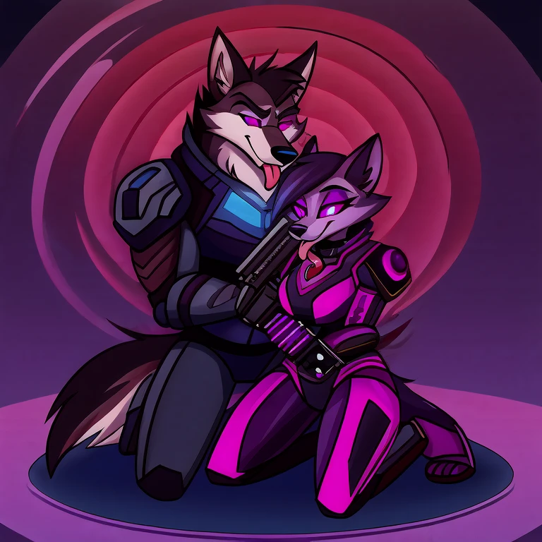 (masterpiece, best quality:1.2), Vortex hellhound, a couple, one male and the other female, wolves, furry, helluva boss, hypnotized with glowing purple eyes, tongue out, wearing futuristic armor, using a Pulse Rifle, Energy Rifle, Futuristic assault rifle, kneeling in respect