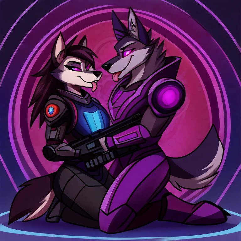 (masterpiece, best quality:1.2), Vortex hellhound, a couple, one male and the other female, wolves, furry, helluva boss, hypnotized with glowing purple eyes, tongue out, wearing futuristic armor, using a Pulse Rifle, Energy Rifle, Futuristic assault rifle, kneeling in respect