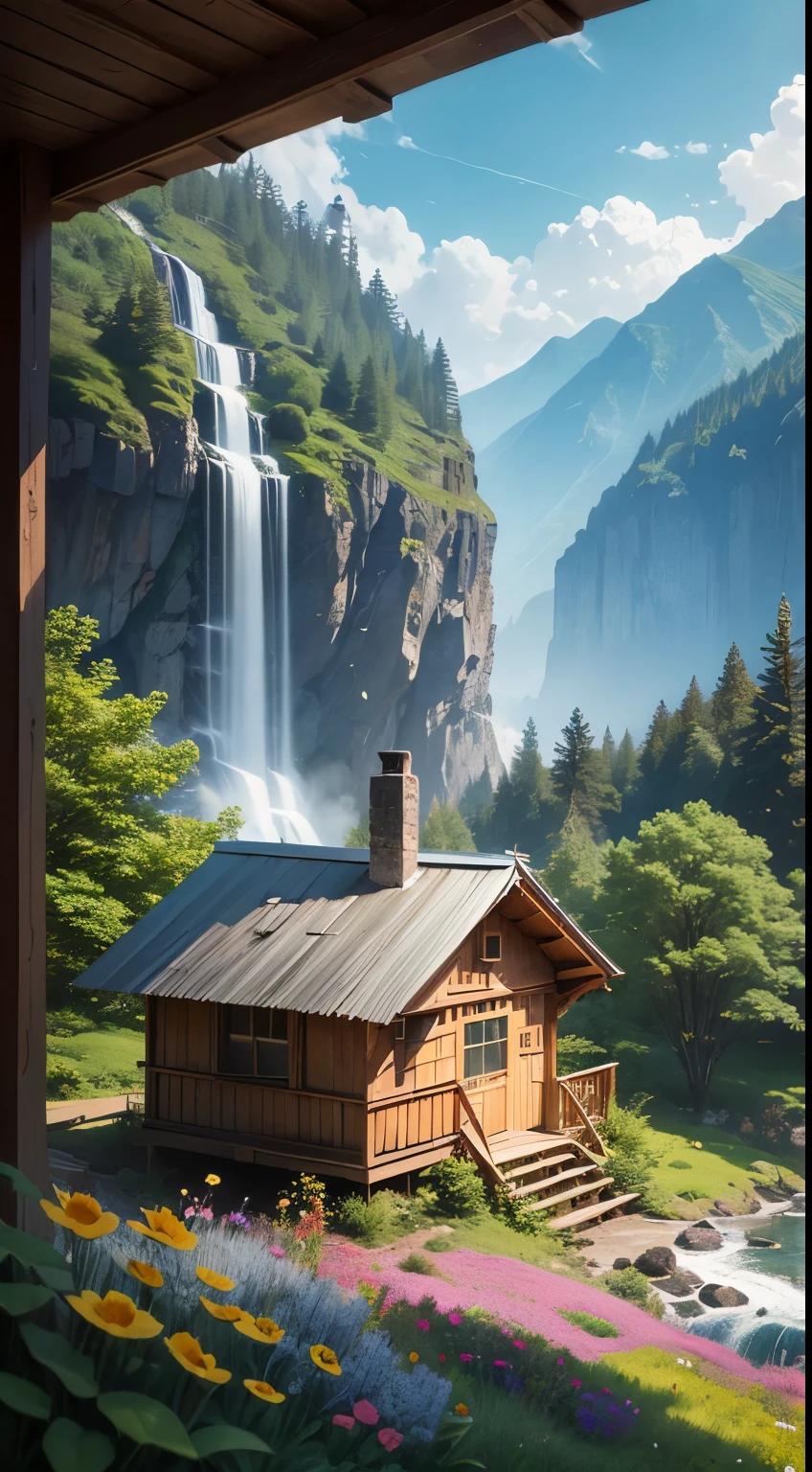 Dense forest, waterfall, surrounded with wild flowers. a tiny hut with a person standing on its porch, View from afar. masterpiece, Highest quality, Detailed