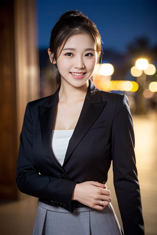 (a gorgeous lady, age 20s, Formal Skirt Suit with Blouse, posing naturally under night sky, kind smile, dimpled cheeks, short ponytail, cute snaggleteeth, ample round bosom, perfect body anatomy, photorealistic, beautiful detailed eyes, hyper-realism, high contrast, ultra HD, realistic skin textures, top image quality, top-quality, super high resolution, fine details, very meticulously, high angle shot, medium shot, cowboy shot, bokeh background, SFW)