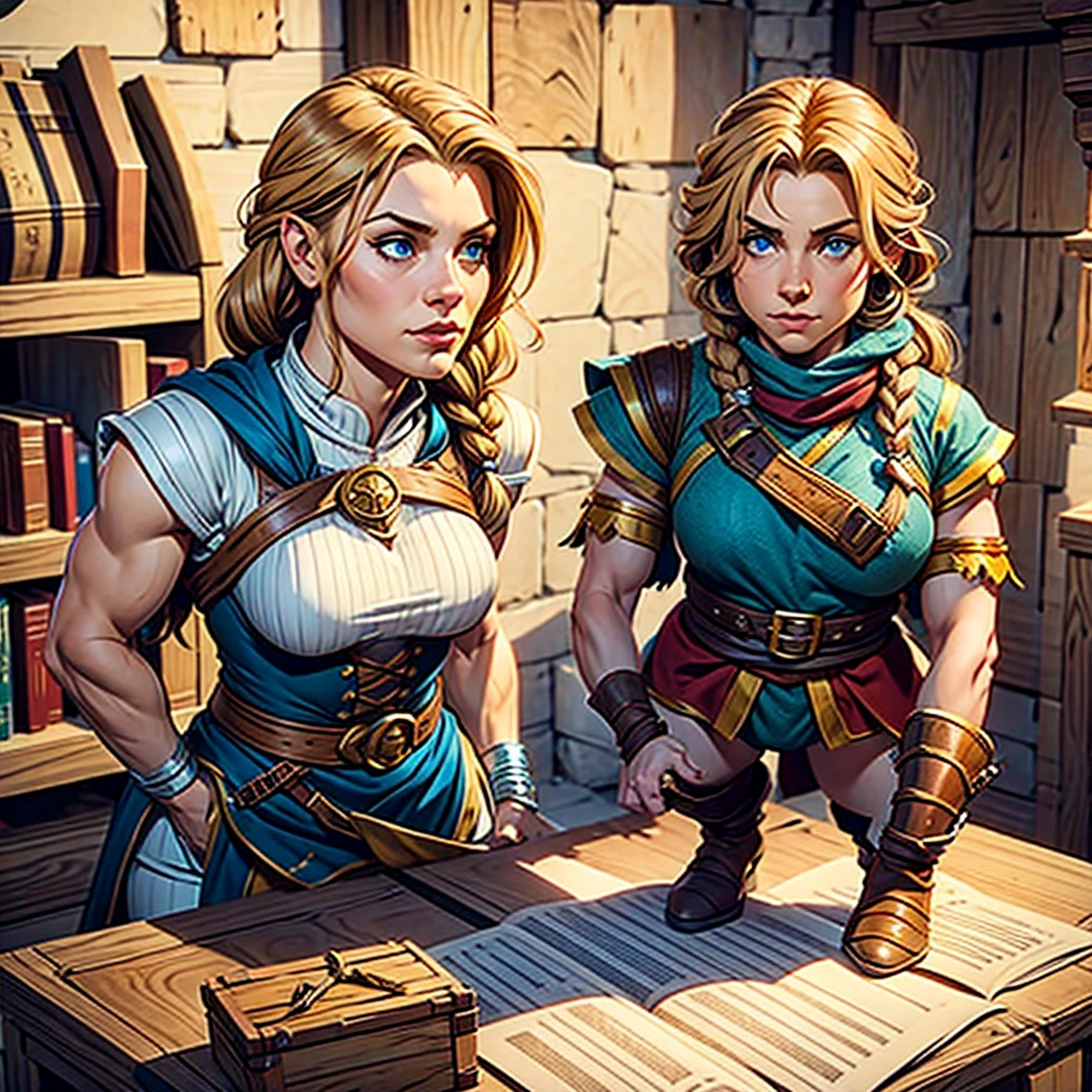 Small halfling female with short brown hair AND muscular viking woman with blonde braided hair. 2 characters. Dungeons and dragons characters. Fantasy.