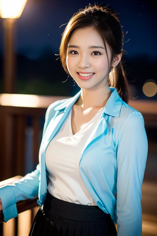 (a gorgeous lady, age 20s, Formal Skirt Suit with Blouse, posing naturally under night sky, kind smile, dimpled cheeks, short ponytail, cute snaggleteeth, ample round bosom, perfect body anatomy, photorealistic, beautiful detailed eyes, hyper-realism, high contrast, ultra HD, realistic skin textures, top image quality, top-quality, super high resolution, fine details, very meticulously, high angle shot, medium shot, cowboy shot, bokeh background, SFW)