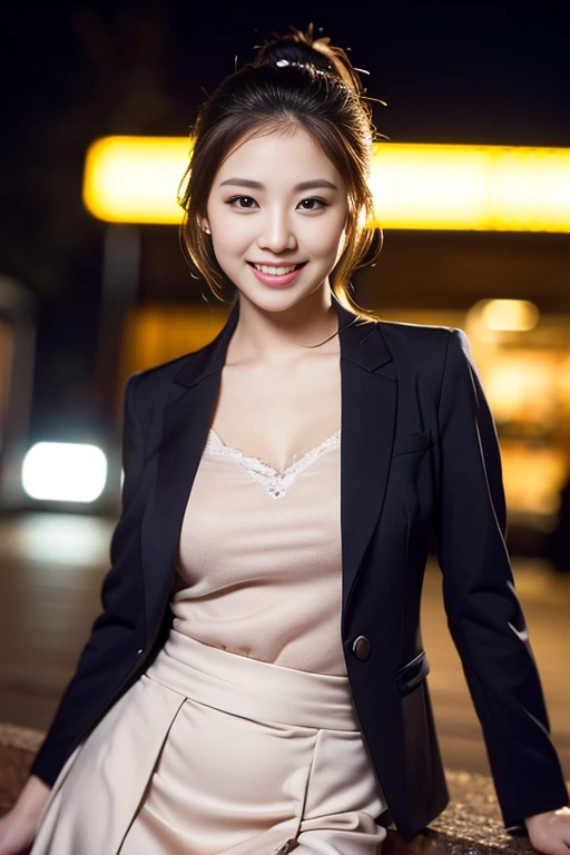 (a gorgeous lady, age 20s, Formal Skirt Suit with Blouse, posing naturally under night sky, kind smile, dimpled cheeks, short ponytail, cute snaggleteeth, ample round bosom, perfect body anatomy, photorealistic, beautiful detailed eyes, hyper-realism, high contrast, ultra HD, realistic skin textures, top image quality, top-quality, super high resolution, fine details, very meticulously, high angle shot, medium shot, cowboy shot, bokeh background, SFW)
