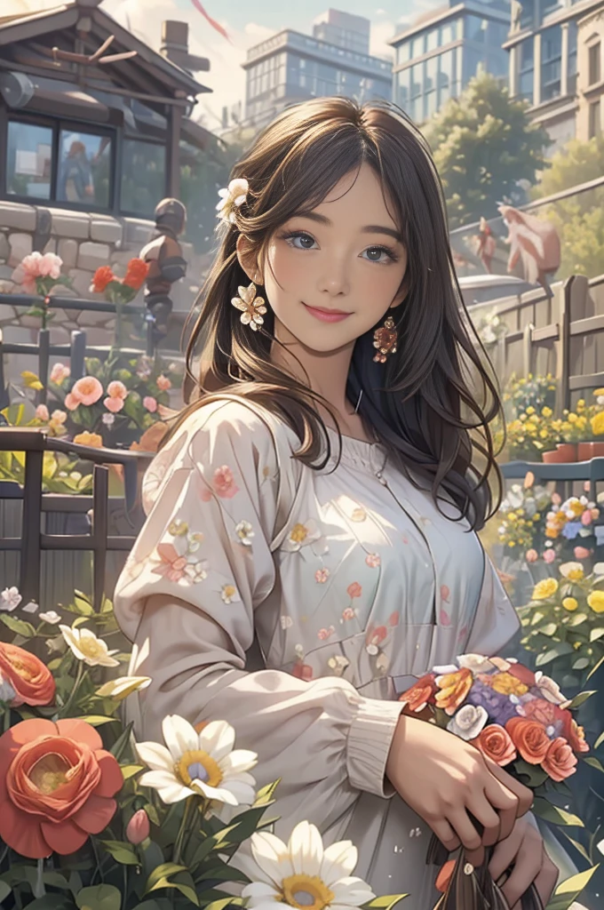 (((masterpiece)))、(((Highest quality)))、((Ultra-detailed))、(Awareness-raising)、((Very delicate and beautiful))、明るいsmile、floating、(Detailed light) (One Girl)、、alone、Long-haired、The wind is blowing、world、(Cute eyes)Absurd, High resolution, (Official Art, beautifully、aesthetic:1.2), (close:1.2), Front configuration,
One Girl, (Long Hair:1.2), Wavy Hair, smile,
(All over the garden:1.6), (Flower effect:1.2), (Floral Background:1.2), (Background full of flowers:1.4), (Fancy Background:1.1),