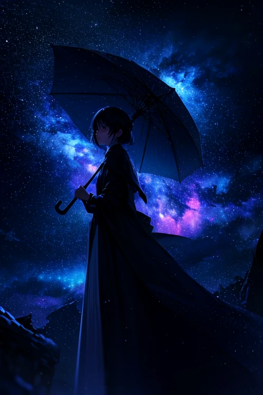 Inside the umbrella\(Starry Sky\(Shining Star, nebula\), background\((Very dark:1.3),Hubby Rain\(Many raindrops slowly fall from the sky\)\),(From below:1.4),