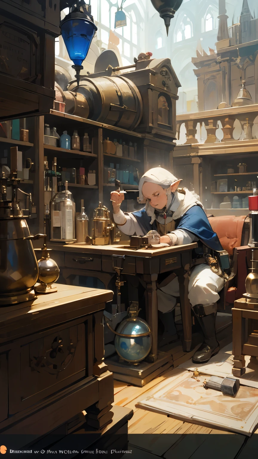 "Eccentric gnome inventor in a fantastic workshop. Surrounded by magical gadgets, steam-powered contraptions, and alchemical apparatus. Tinkering with a complex device."