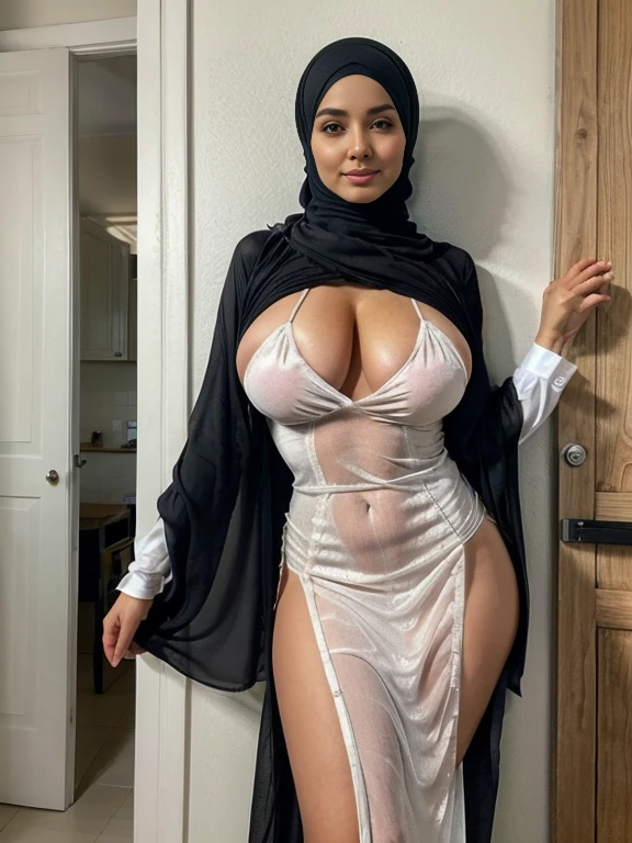 (double exposure), (full body photo), A gorgeous matured teacher stand behind white board,((40 year old)), slightly curvy fit body shape, bigger ass, giga_busty, huge thighs, wearing ((fitted sheer long dress)), ((hijab)), smirk on camera, indoor,door,wall,, pov, solo, single, (SFW), texture, ultra high res, RAW, instagram LUT, masterpiece, best quality, ultra-detailed, ultra high resolution, RAW, 4k, (looking at viewer), extremely detailed eyes and face, (beautiful detailed nose), (beautiful detailed thigh), (beautiful detailed eyes), perfect body proportion, (looking at the camera),smirk, (slit dress)