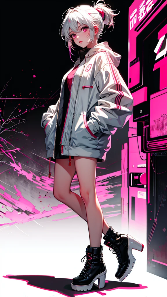 1 girl, pink eyes, White hair, albino, cyberpunk,🌹, white and tan background, black heels,hand in pocket 