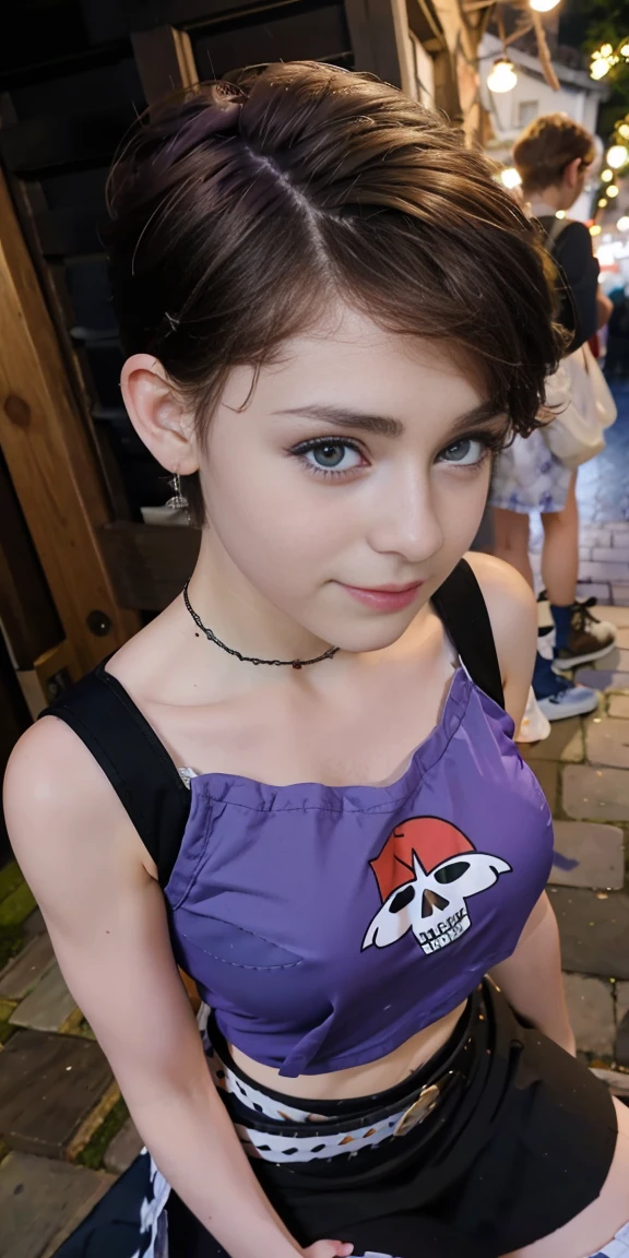 Photo of a -yeld Euean girl, .RAW, beautiful woman,pecas en mejillas ,hermosos  ojos azules(Light brown hair pixie haircut),corte de cabello pixie ((retrato)), ((Cara detallada:1.2)), ((Detailed facial features)), (Piel finamente detallada), Pale skin,parque, Noria de Londres、Purple sleeveless t-shirt with skull image ,senos grandes , Lilac skirt with checkered images, Loose white belt, Long boots with heels ,lindo maquillaje, Purple eyeshadows on eyelids ,Un sexy(cool color), humid, humid, Reflectores, (Masutepiece) (proporciones perfectas)(fotos realistas)(La mejor calidad) (Detallado) fotografiado con una EOS R5 de Canon, Lente de 50 mm, f/2.8, NffSW, (8k) (papel tapiz) (cinematic lighting) (Dramatic lighting) (sharp focus) (Enrevesado) linda sonrisa , alegre , tocando guitarra electrica , senos medianos 
