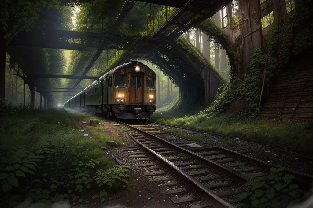 There is a train running under a bridge in the woods, abandoned railroad, an abandoned rusted train, abandoned railroads, Overgrown environment, Overgrown place, Post-apocalyptic atmosphere, an Overgrown, Overgrown, vegetation inspiration, Overgrown city, abandoned, Realistic dark concept art, dieselpunk train station, post apocalyptic scene, Post-End Day Setting ,((low angle shot 1.7)) ((Camera lens close to the ground to shoot 1.8))